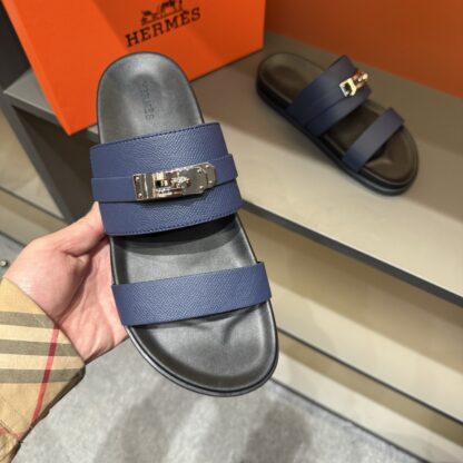 Hermes dark blue gold buckle summer pure handmade high-end sandals - Image 8