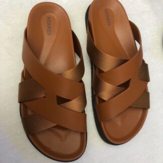 Hermès dark brown woven slippers