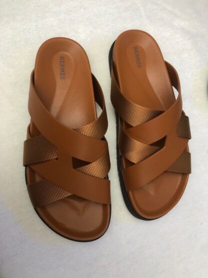 Hermès dark brown woven slippers