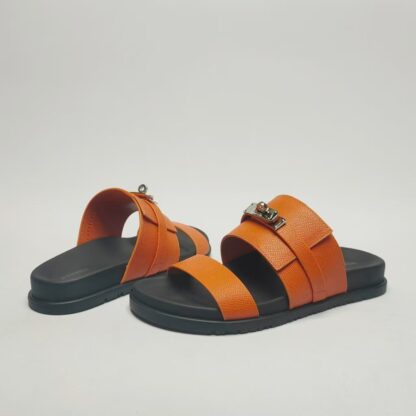 Hermès couple's orange silver buckle woven sandals - Image 8