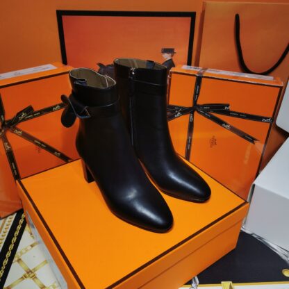 Hermès classic autumn and winter black chunky heel elegant ankle boots - Image 8