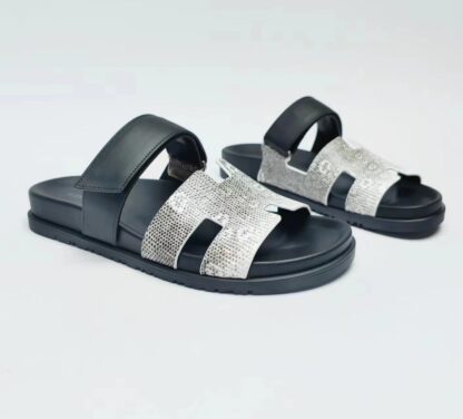 Hermès classic black and silver couple woven slippers - Image 8