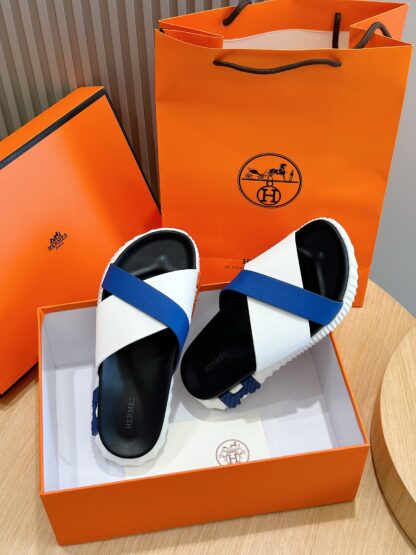 Hermès men's white and blue color matching cross ultra-light and comfortable slippers - Image 8