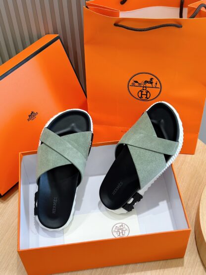 Hermès Men's Light Green Cross Ultra Light Comfort Slippers - Image 8