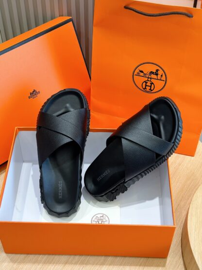 Hermès Men's Pure Black Cross Ultra Lightweight Comfort Slippers - Image 8