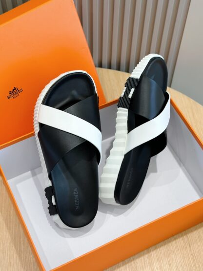 Hermès white and black men's cross-over ultra-light and comfortable slippers - Image 8