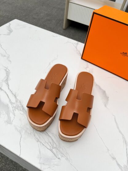 Hermès early spring new brown pure handmade thick-soled platform slippers - Image 7