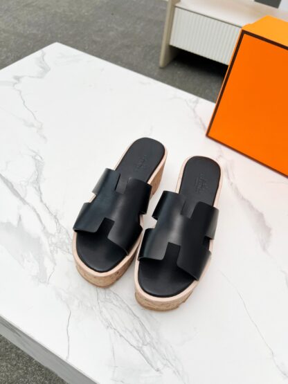 Hermès early spring new black pure handmade thick-soled platform slippers - Image 7
