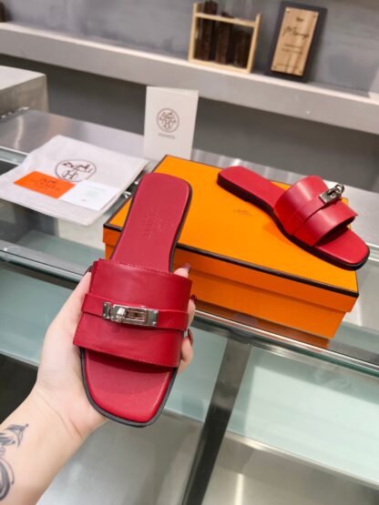 Hermès early spring new red pure handmade leather slippers - Image 8