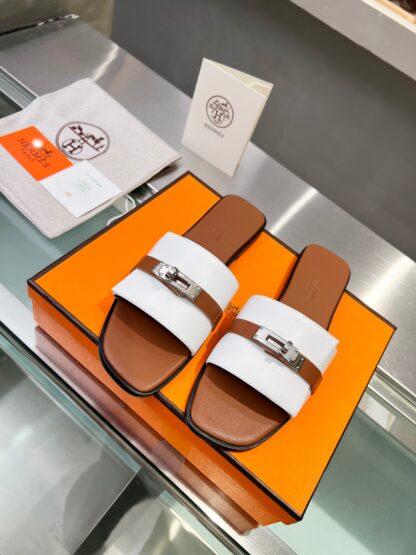 Hermès early spring new white and brown pure handmade leather slippers - Image 7