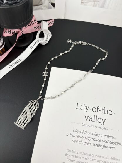 Chanel Silver Bird Full Diamond Pearl Necklace - Image 6