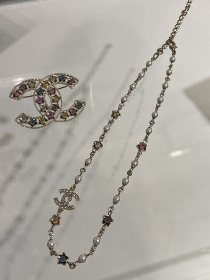 Chanel Colored Crystal Star Gold Diamond Double C Pearl Necklace - Image 8