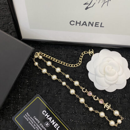 Chanel Pink Heart Letter Pearl Choer Necklace - Image 8