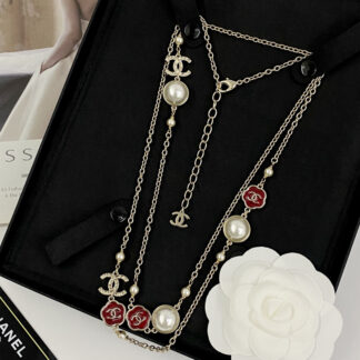 Chanel Vintage Red Flower Pearl Double C Necklace