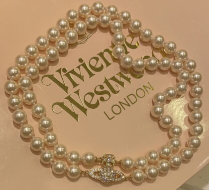 Vivienne Westwood Gold Diamond Saturn Magnetic Clasp Double Pearl Necklace - Image 8