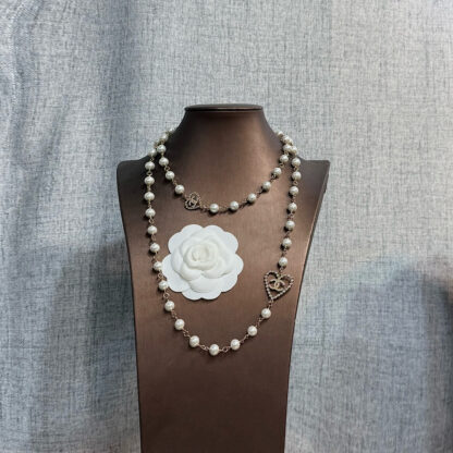 Chanel Hollow Heart Diamond Double C Pearl Necklace - Image 8