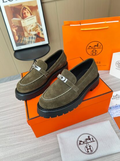 Hermes dark green comfortable trendy leather loafers - Image 6