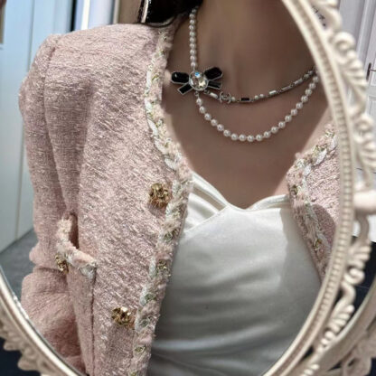 Chanel rhinestone bow pearl double necklace - Image 8