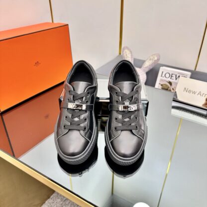 Hermès couple's lace-up thick-soled black casual shoes - Image 8