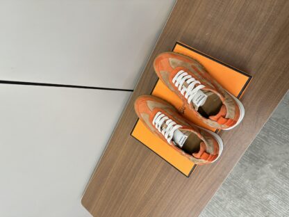 Hermès brown and orange goatskin contrasting sneakers, 2cm thick sole - Image 8