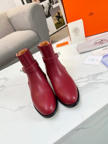 Hermes dark red silver buckle classic kelly buckle fashion ankle boots - Image 9