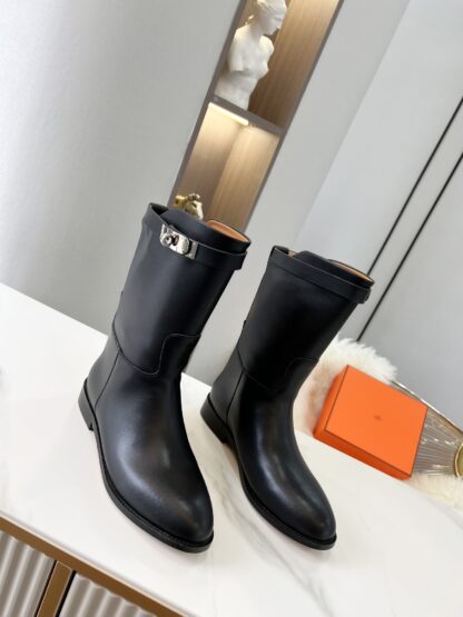 Hermès classic black silver buckle fashion ankle boots - Image 9