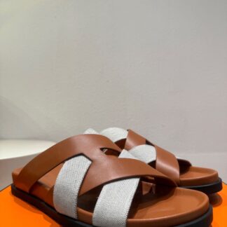 Hermès brown and grey woven slippers
