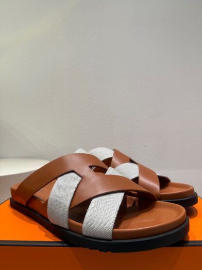 Hermès brown and grey woven slippers