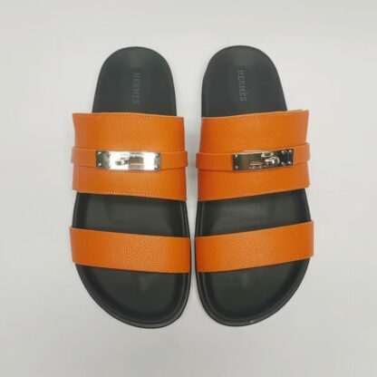 Hermès couple's orange silver buckle woven sandals - Image 9