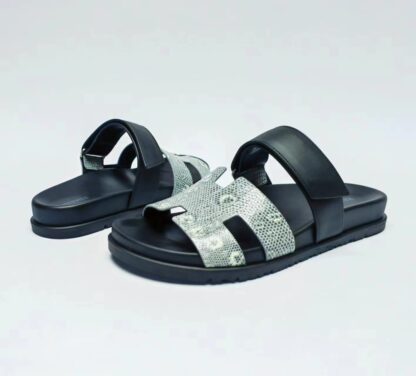 Hermès Couple Silver and Black Braided Slippers - Image 7