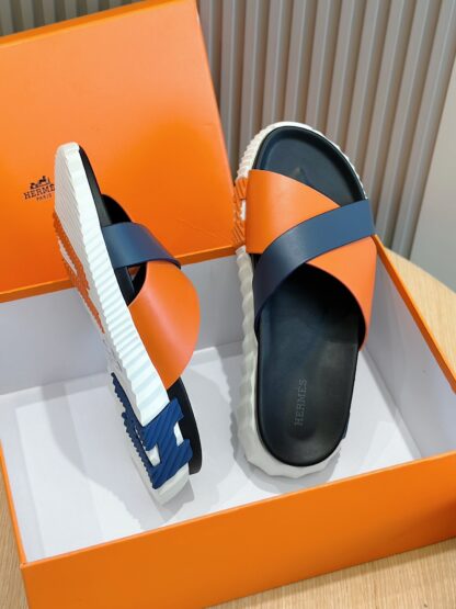 Hermès orange and blue color matching men's cross ultra-light and comfortable slippers - Image 9