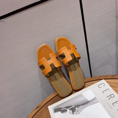 Hermès Orange Classic Litchi Leather Handmade Flat Slippers - Image 9