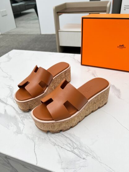 Hermès early spring new brown pure handmade thick-soled platform slippers - Image 8