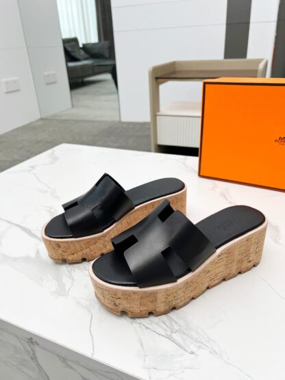 Hermès early spring new black pure handmade thick-soled platform slippers - Image 8