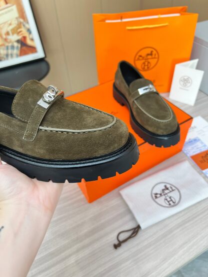 Hermes dark green comfortable trendy leather loafers - Image 7