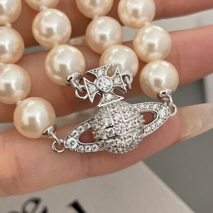 Vivienne Westwood Saturn double pearl necklace with full diamonds - Image 9