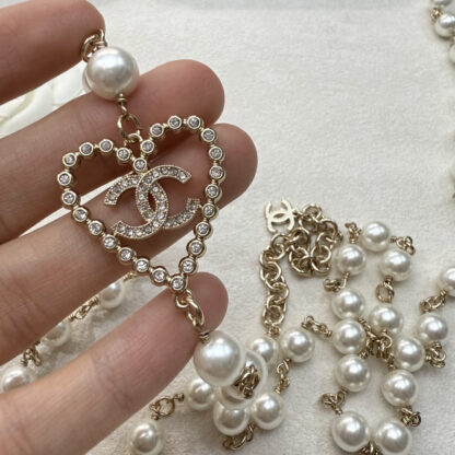 Chanel Hollow Heart Diamond Double C Pearl Necklace - Image 9