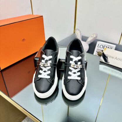 Hermes couple's lace-up thick-soled pure black comfortable casual shoes - Image 9