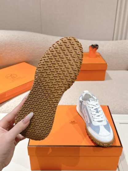 Hermès white and blue goatskin contrasting sneakers, 2cm thick sole - Image 8