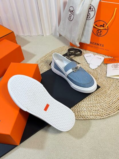 Hermes Kelly shoe buckle blue and white fashion noble casual loafers - Image 9