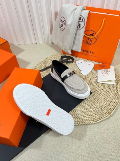 Hermes Kelly shoe buckle gray and black stylish and noble casual loafers - Image 9