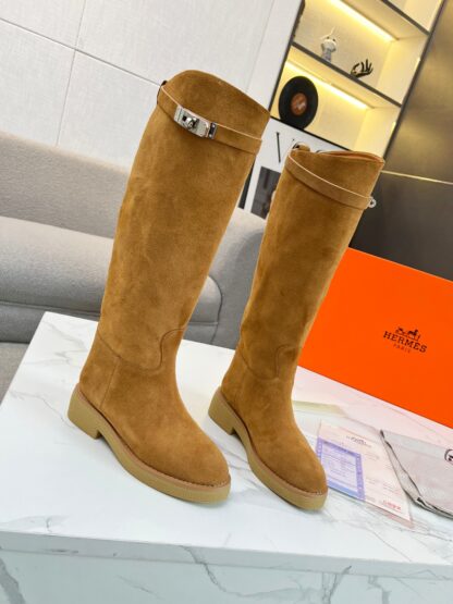 Hermès classic kelly buckle brown velvet fashion mid-calf boots - Image 8